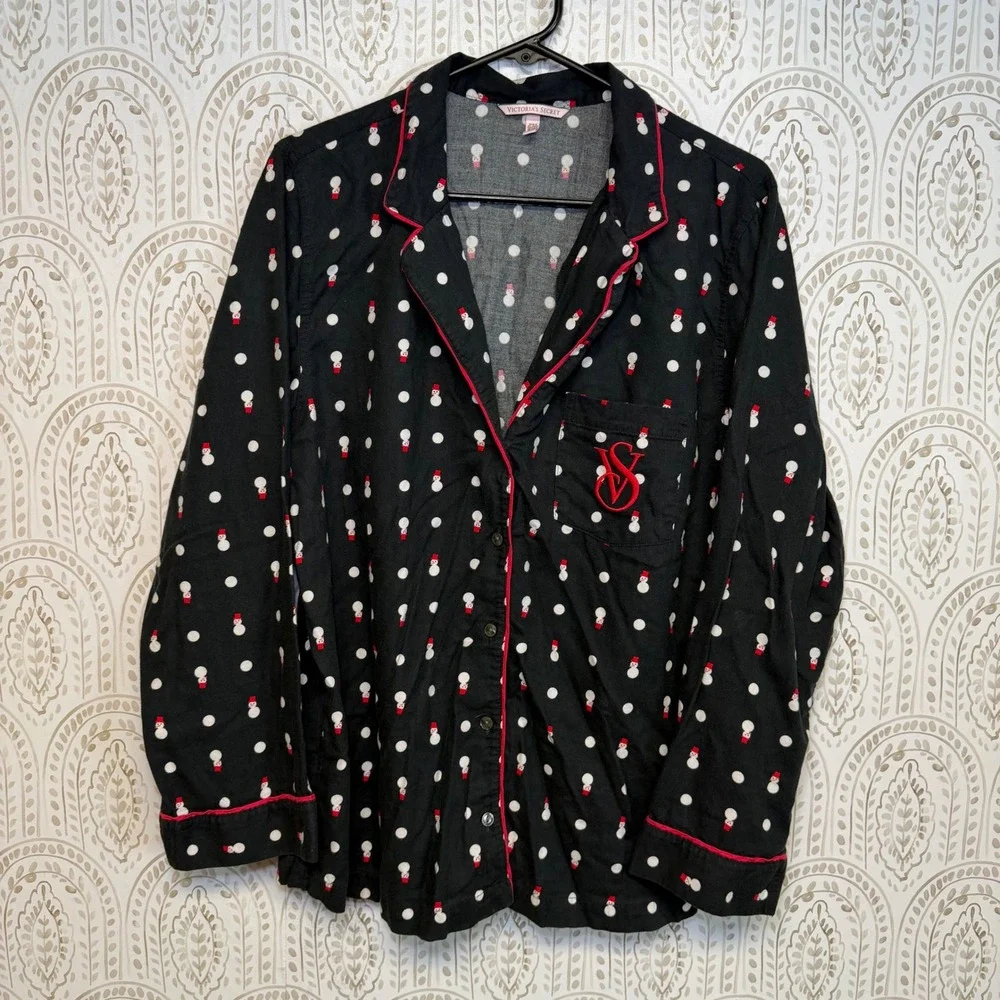 Victorias Secret Snowman Polka Dot Pajama‎ Top Black Red Long Sleeve Medium Long